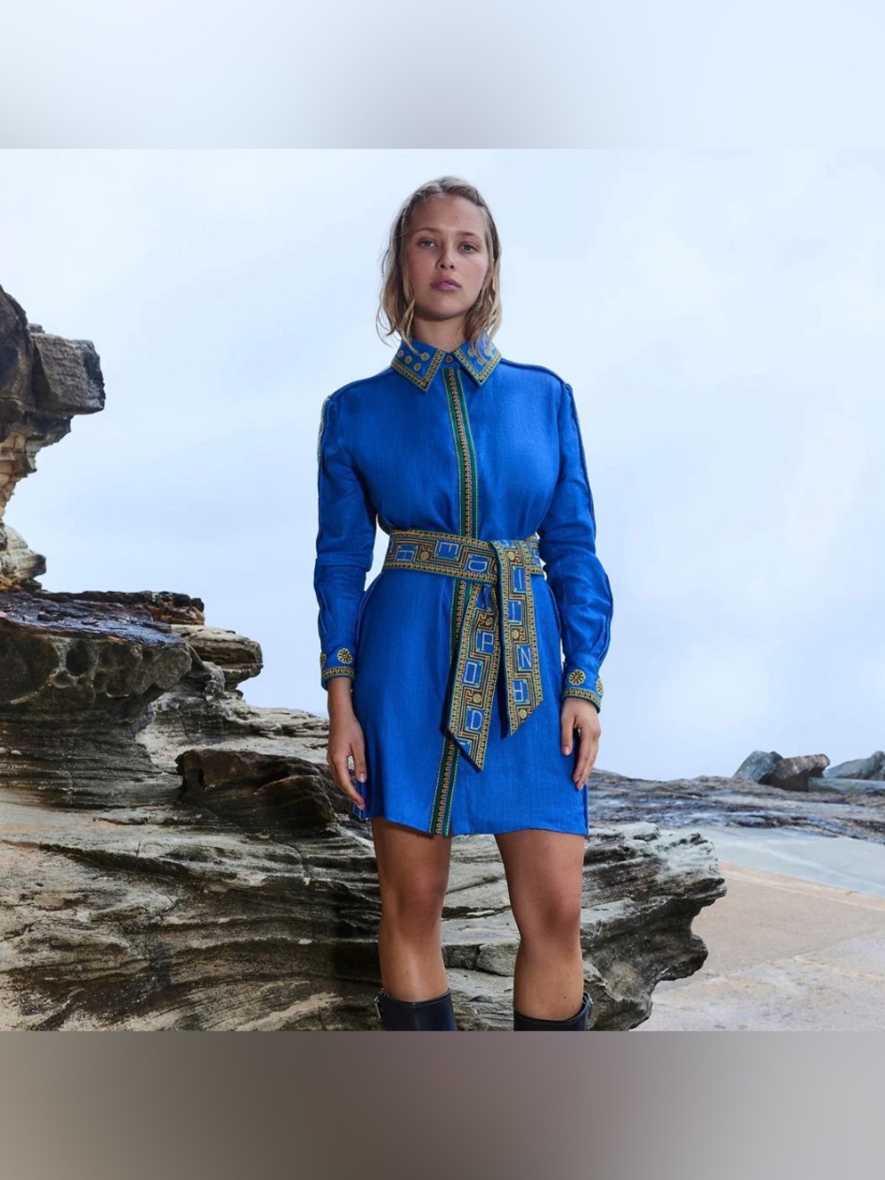 Antipodean Blue 100% Linen Embroidered Belted Shirt Mini Dress AU10/US6 NWT